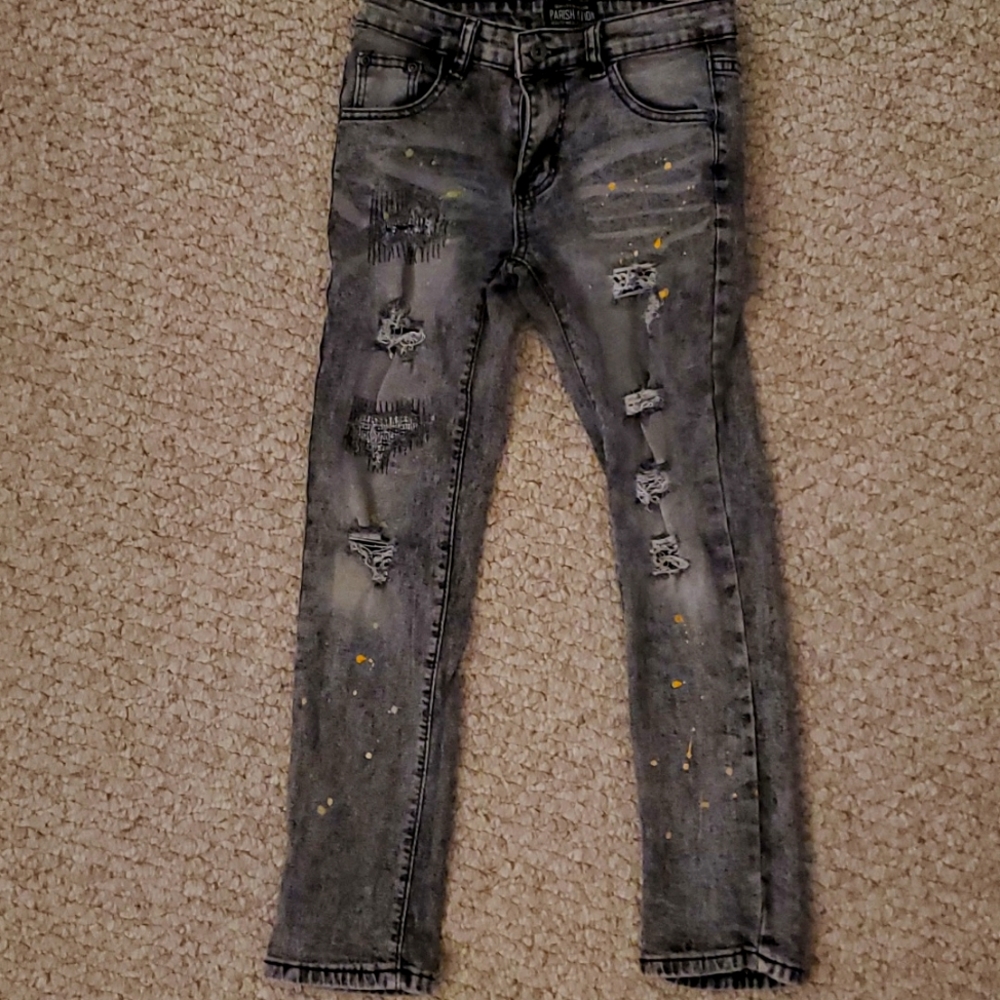 Parish Nation distressed paint splatter skinny jeans, boys size: 10, blk